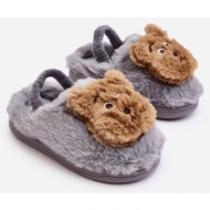  children`s fur slippers with teddy bear, grey dicera