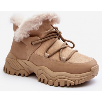 women`s trapper boots with fur, beige σε προσφορά