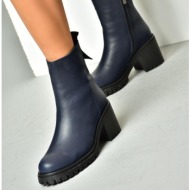  fox shoes navy blue genuine leather women`s thick heeled boots