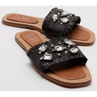 luvishoes norve women`s black straw stone slippers