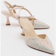  luvishoes vi̇lka ecru women`s satin stone pointed toe thin heeled evening shoes