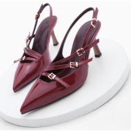  marjin women`s stiletto pointed toe tri-strip belt detail open back heeled shoes bevil burgundy pate