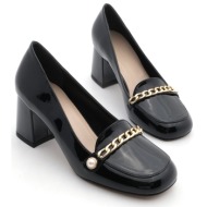  marjin women`s chunky heel chain flat toe classic heel shoes makros black patent leather