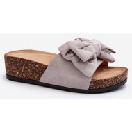  women`s slippers on a cork platform with a bow, gray tarena