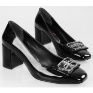  shoeberry women`s letizia black patent leather buckled heel shoes
