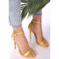  shoeberry women`s slyva yellow satin single strap heeled shoes