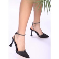  shoeberry women`s alpha black satin pile stitched heels.