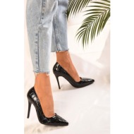  shoeberry women`s pera black patent leather crocodile heeled shoes stiletto