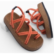  marjin women`s cork sole patterned cotton rope cross band daily sandals hista orange
