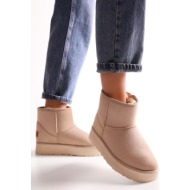  shoeberry women`s uggy beige short suede boots with pile inside beige textile.
