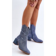  blue irvelame denim ankle boots with an openwork upper on the block