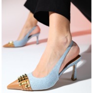  luvishoes aella jeans blue tan trolley pointed toe women`s heel shoes