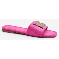  women`s flat-heeled slippers with fuchsia inaile embellishment