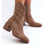  suede ankle boots with an openwork upper on the block, dark beige irvelame