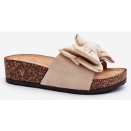  women`s slippers on a cork platform with a bow, beige tarena