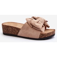  women`s slippers on a cork platform with a bow khaki tarena