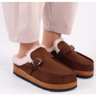  shoeberry women`s softie brown suede shearling flat slippers