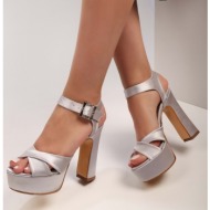  shoeberry women`s piercing silver satin platform heels