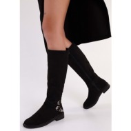  shoeberry women`s steele black suede buckle flat heel boots black suede