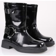  shoeberry women`s brocks black patent leather buckled thick sole boots