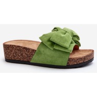  women`s slippers on a cork platform with a bow, green tarena