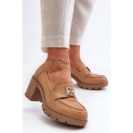  women`s shoes with a chunky heel with camel ranunca embellishment