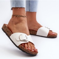  women`s slippers on a cork platform with a buckle, white moaxi