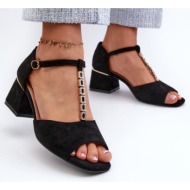  women`s sandals with block heel and decorative strap, eco-friendly suede, black vanity