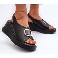 women`s leather wedge sandals with embellishments, black salvania