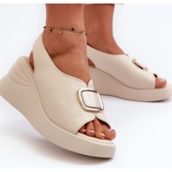  women`s leather wedge sandals with embellishments, beige salvania