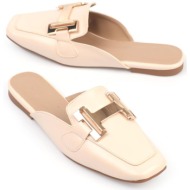  capone outfitters capone flat toe women`s ecru beige slippers with metal accessories