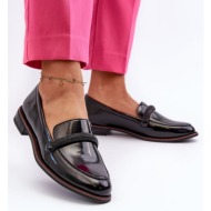  women`s leather loafers with decorative belt, patent leather black saosin