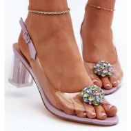  transparent high-heeled sandals with purple d&a embellishment