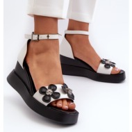  women`s platform and wedge sandals with flowers, white foviana