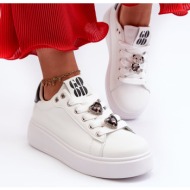  women`s platform sneakers with heart pins, white azamia