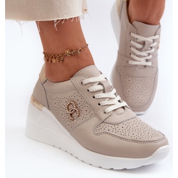 women`s leather wedge sneakers beige σε προσφορά