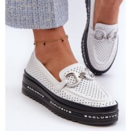  women`s leather loafers on the platform with s.barski decoration white