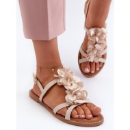 women`s flat sandals decorated with flowers, beige abidina