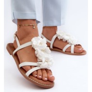  women`s flat sandals decorated with flowers, white abidina