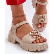  beige women`s leather sandals with gold vinceza decoration