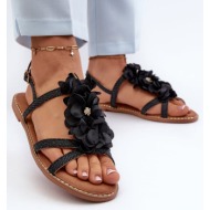  women`s flat sandals decorated with flowers, black abidina