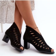  women`s openwork eco-friendly suede open toe high heel ankle boots, black timalre