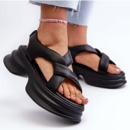  women`s leather sandals on a chunky sole in black goe
