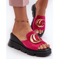  women`s slippers in eco-friendly suede on wedge and platform with gold embellishment fuchsia iaria