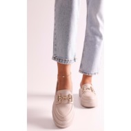  shoeberry women`s rex beige skin loafers with thick soles and buckles. beige skin.
