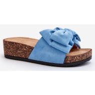  blue tarena women`s slippers on a cork platform with a bow