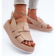  women`s leather platform and wedge sandals, dark beige vivitellia