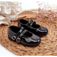 patent leather children`s ballet flats with straps, black margenis