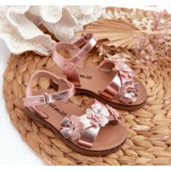  children`s sandals decorated with flowers and velcro fastening, pink fagossa