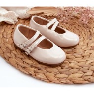  patent leather children`s ballet flats with straps, beige margenis